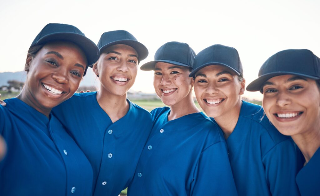 Women, team portrait and softball, selfie and sports game with fitness, professional and athlete gr